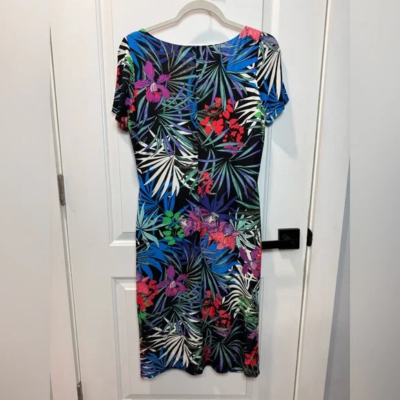 Allison Tropical Floral Leaf Print Ruched Sheath Dress Short SleeveWomen’s 38/12 - Picture 5 of 12